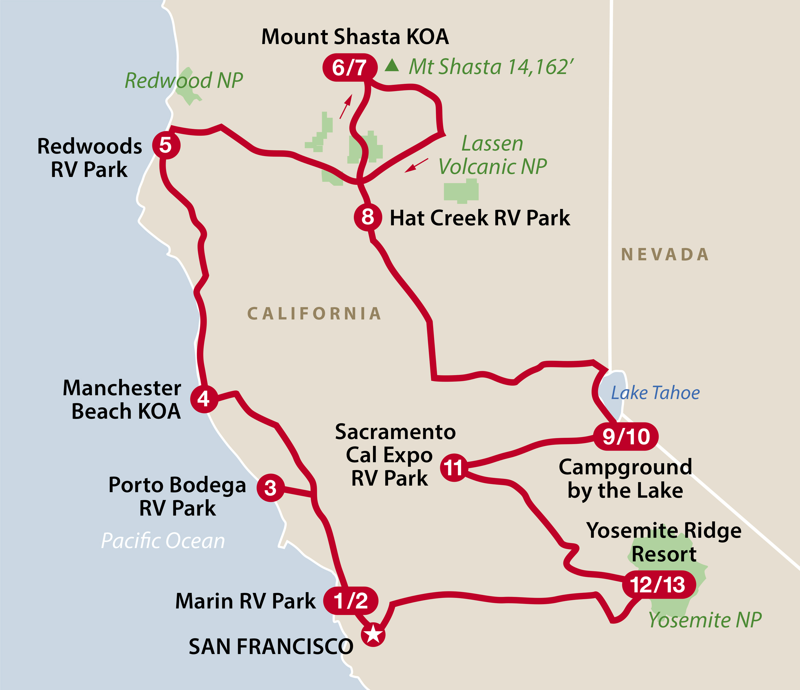 Mapa ruta Central California Highlights